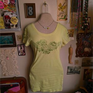 Y2K Seven7 Graphic T-Shirt Women's Small Neon Green Yellow Sparkly Logo